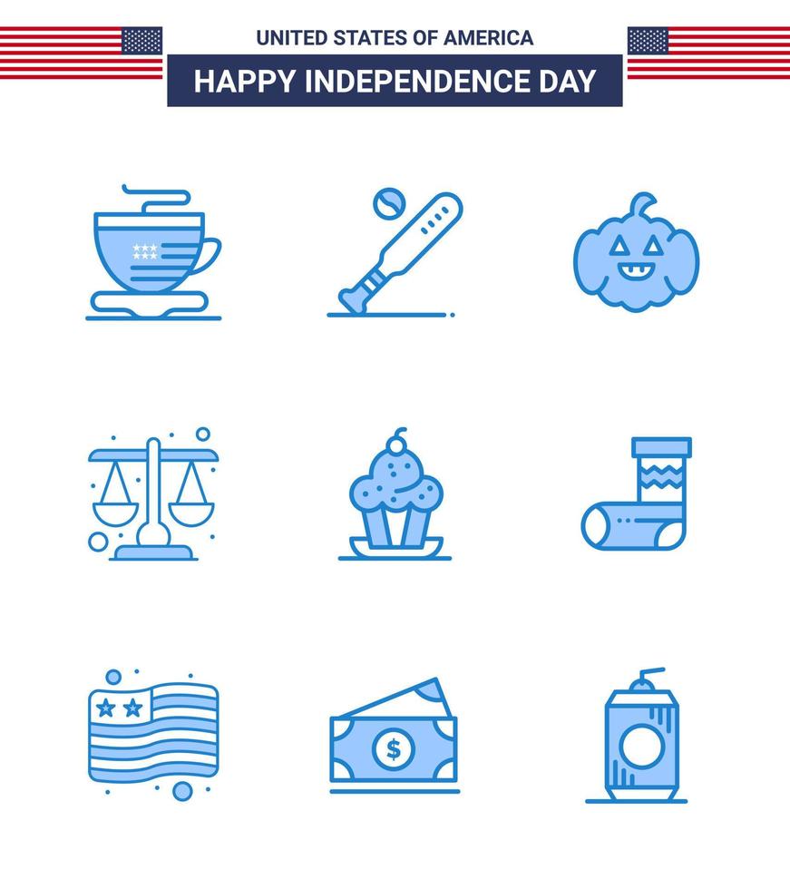 9 USA Blue Signs Independence Day Celebration Symbols of muffin cake pumkin scale justice Editable USA Day Vector Design Elements