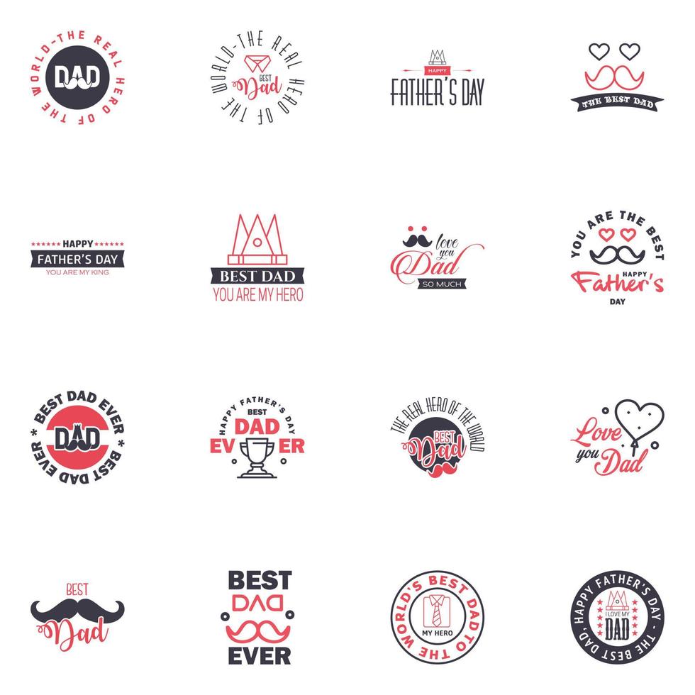 Happy Fathers day greeting hand lettering badges 16 Black and Pink Typo isolated on white Typography design template for poster banner gift card t shirt print label sticker Retro vintage style vector
