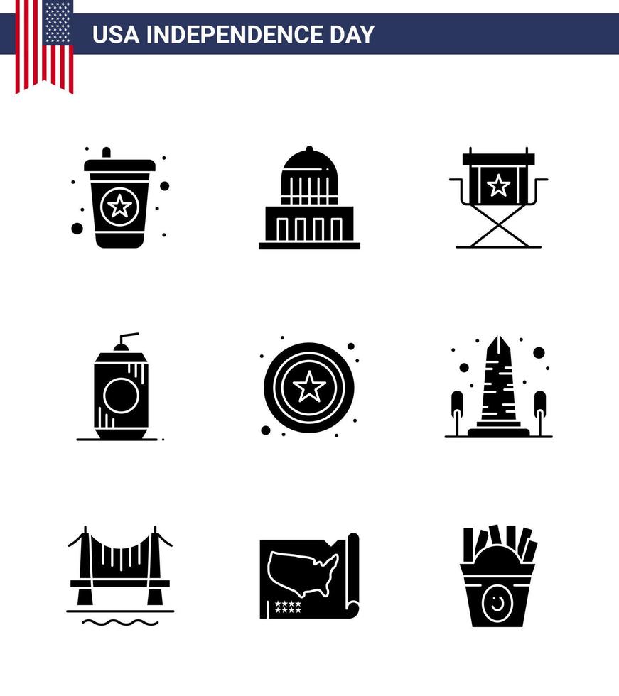 Pack of 9 USA Independence Day Celebration Solid Glyphs Signs and 4th July Symbols such as star usa director drink bottle Editable USA Day Vector Design Elements