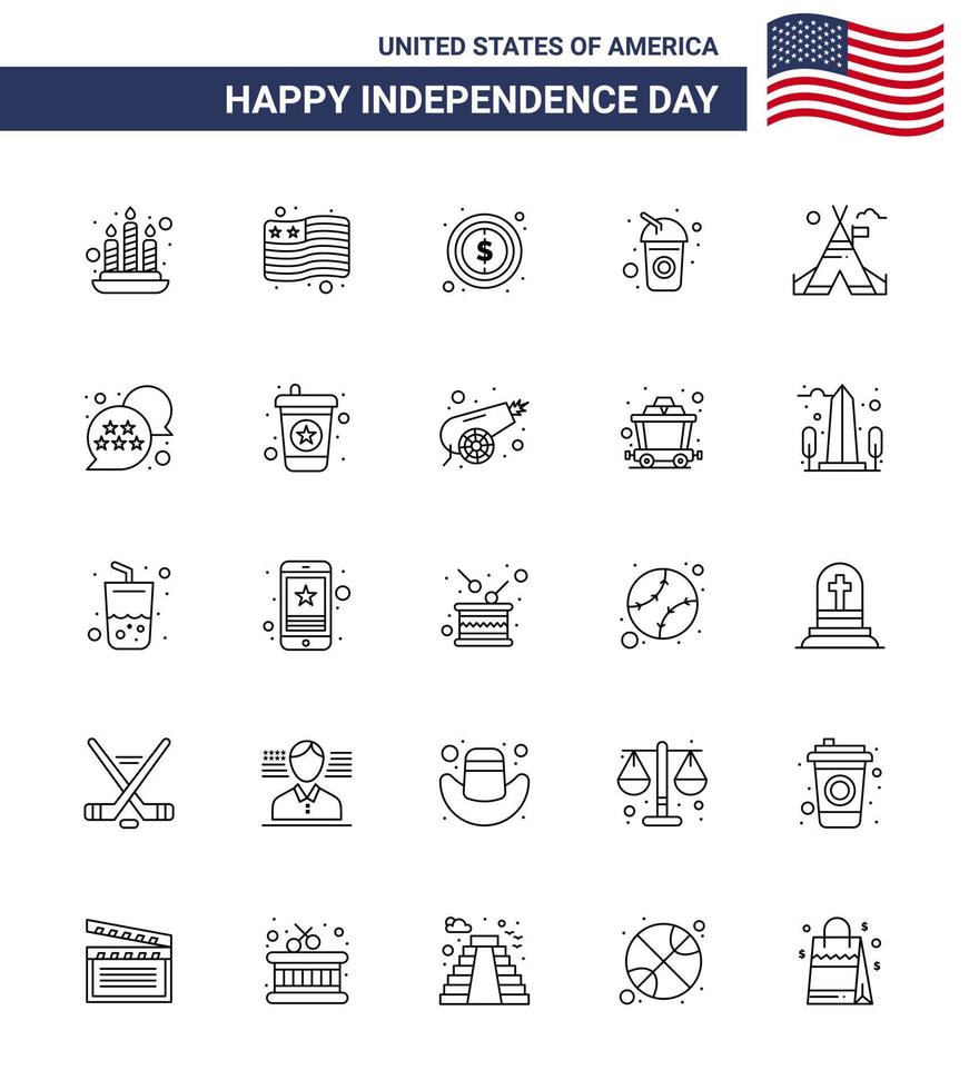 paquete de línea de 25 símbolos del día de la independencia de estados unidos de la carpa americana dólar carpa bebida gratis editable elementos de diseño vectorial del día de estados unidos vector