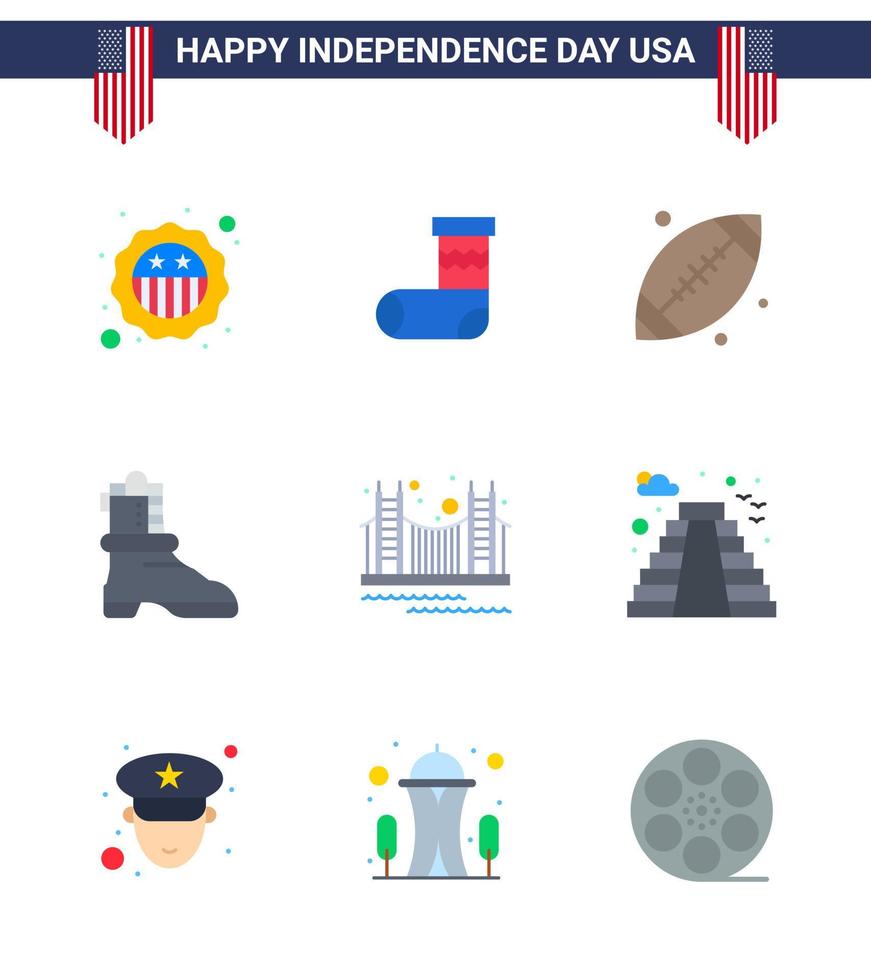 Pack of 9 creative USA Independence Day related Flats of golden bridge ball american shose Editable USA Day Vector Design Elements