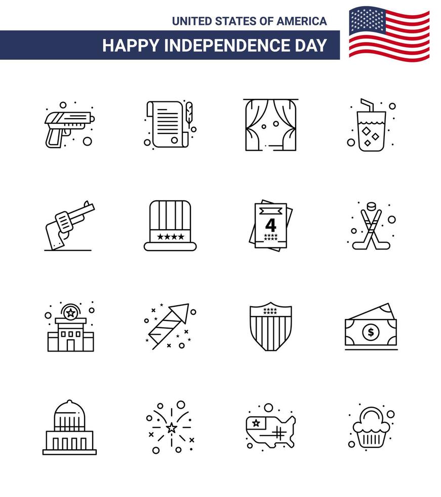 Happy Independence Day USA Pack of 16 Creative Lines of weapon gun leisure wine drink Editable USA Day Vector Design Elements