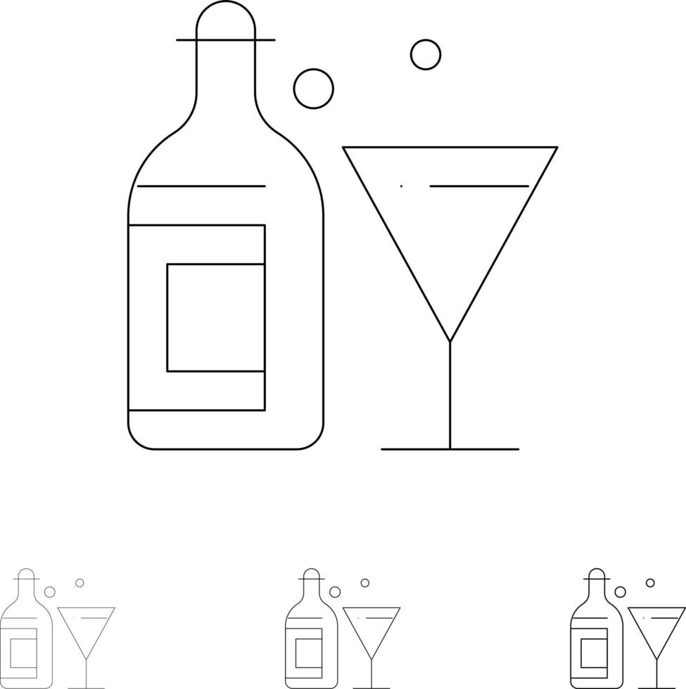 Glass Drink Bottle Wine Bold and thin black line icon set vector