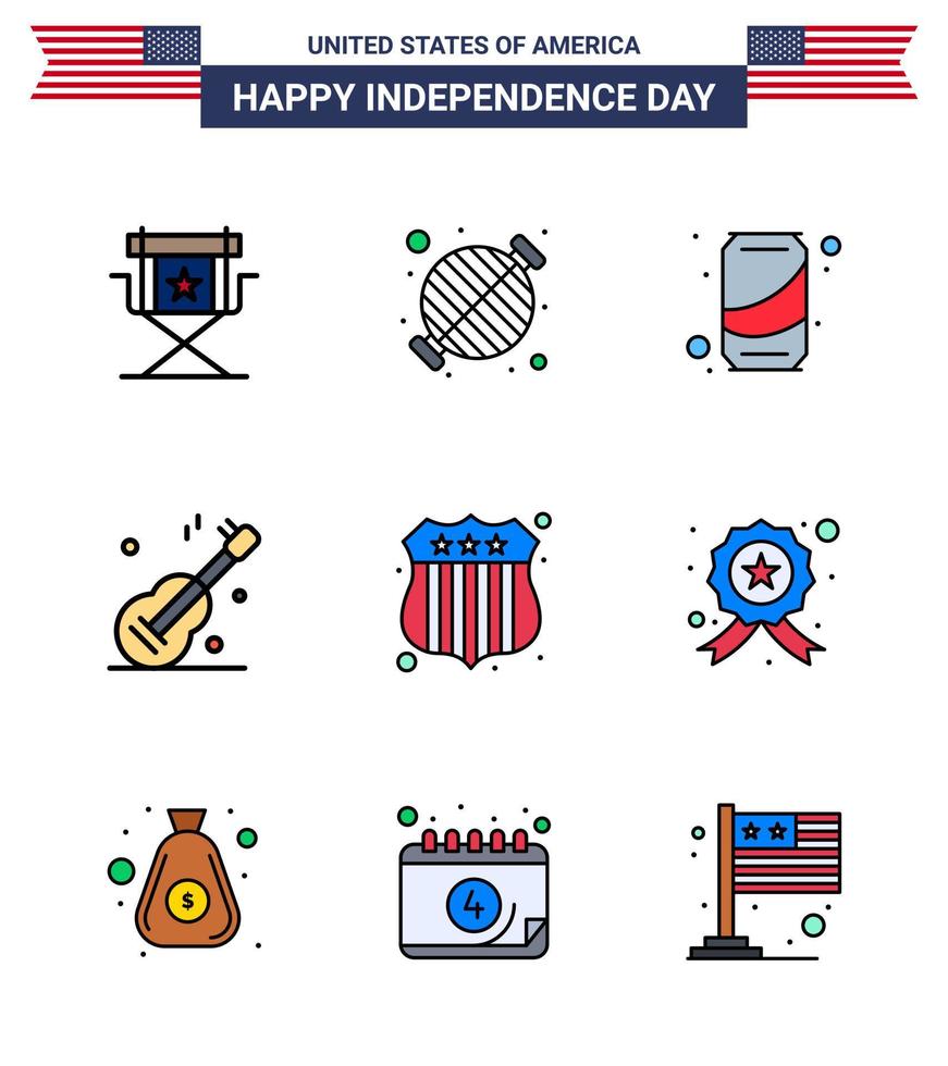 9 paquete de línea plana llena de estados unidos de signos y símbolos del día de la independencia de la parrilla de música americana guiter soda editable elementos de diseño vectorial del día de estados unidos vector