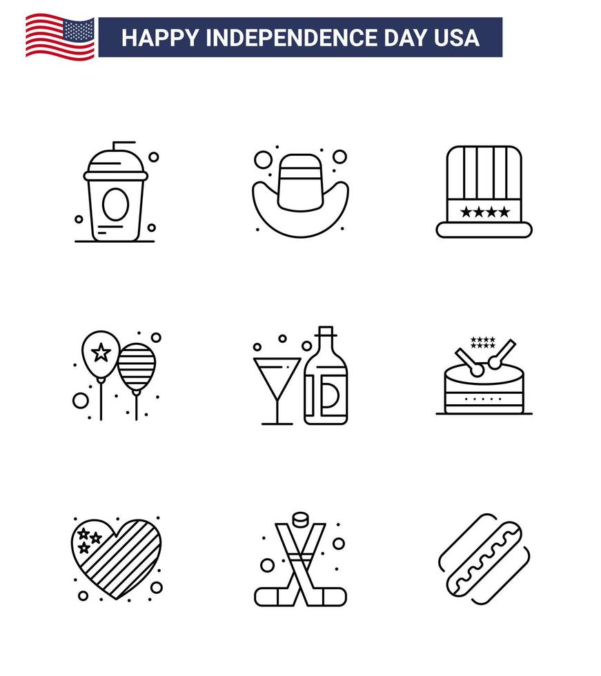 9 señales de línea para el día de la independencia de estados unidos bebida fiesta sombrero día globos editables elementos de diseño vectorial del día de estados unidos vector