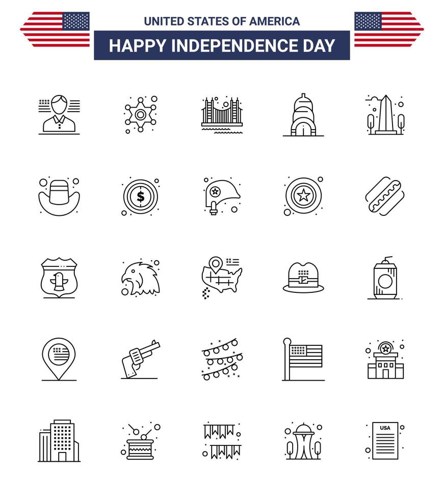 paquete de 25 líneas creativas relacionadas con el día de la independencia de estados unidos del edificio de la puerta de estados unidos del monumento elementos de diseño vectorial del día de estados unidos editables de estados unidos vector