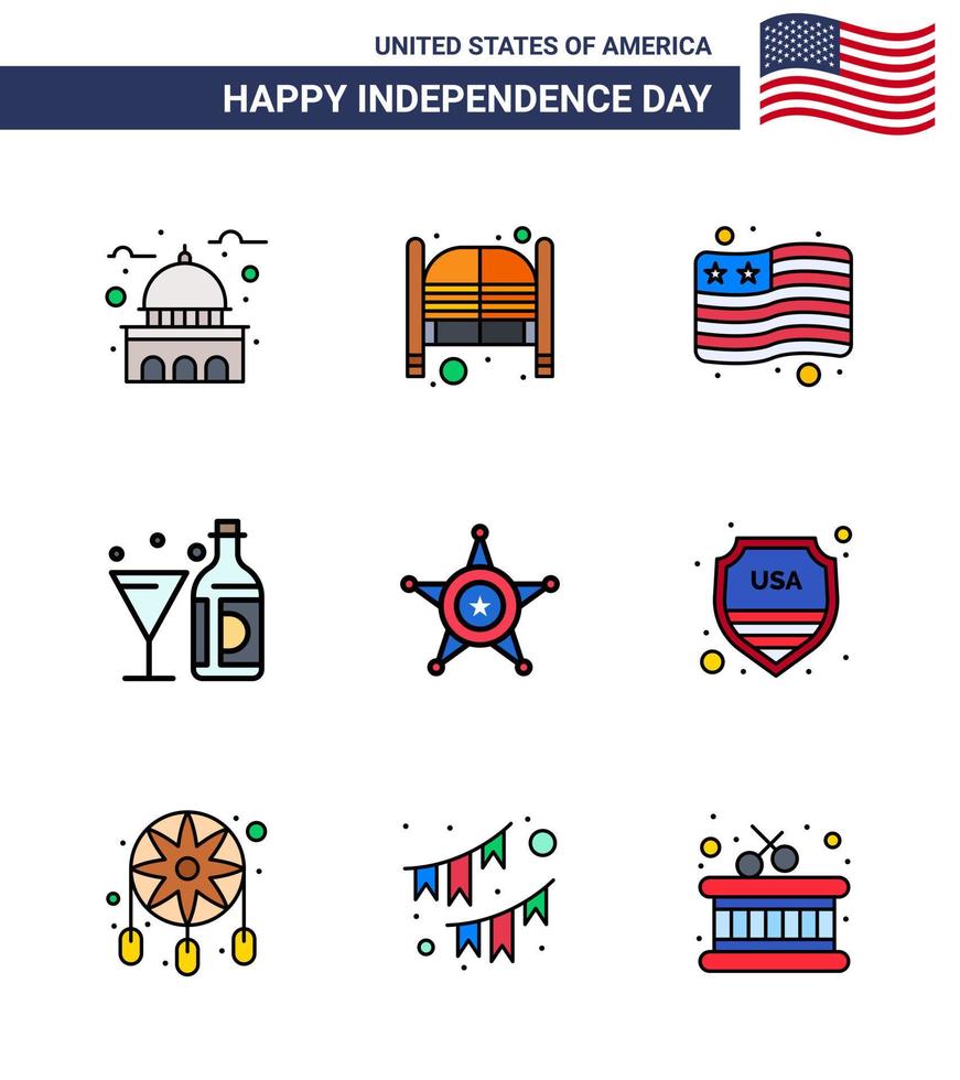 paquete de líneas vectoriales editables del día de estados unidos 9 líneas planas simples llenas de vidrio vino del día americano estados unidos elementos de diseño vectorial editables del día de estados unidos vector