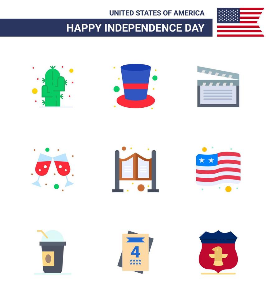 Set of 9 Vector Flats on 4th July USA Independence Day such as saloon door american wine glass beer Editable USA Day Vector Design Elements