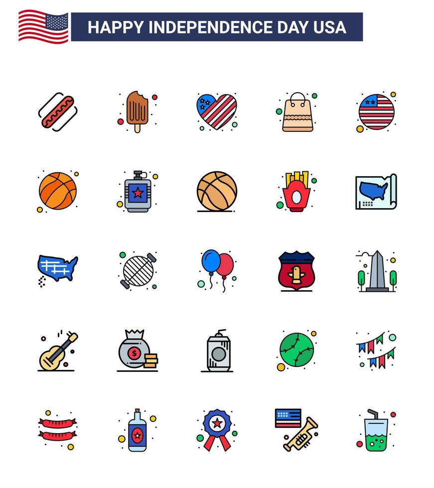 Big Pack of 25 USA Happy Independence Day USA Vector Flat Filled Lines and Editable Symbols of flag shop american packages bag Editable USA Day Vector Design Elements