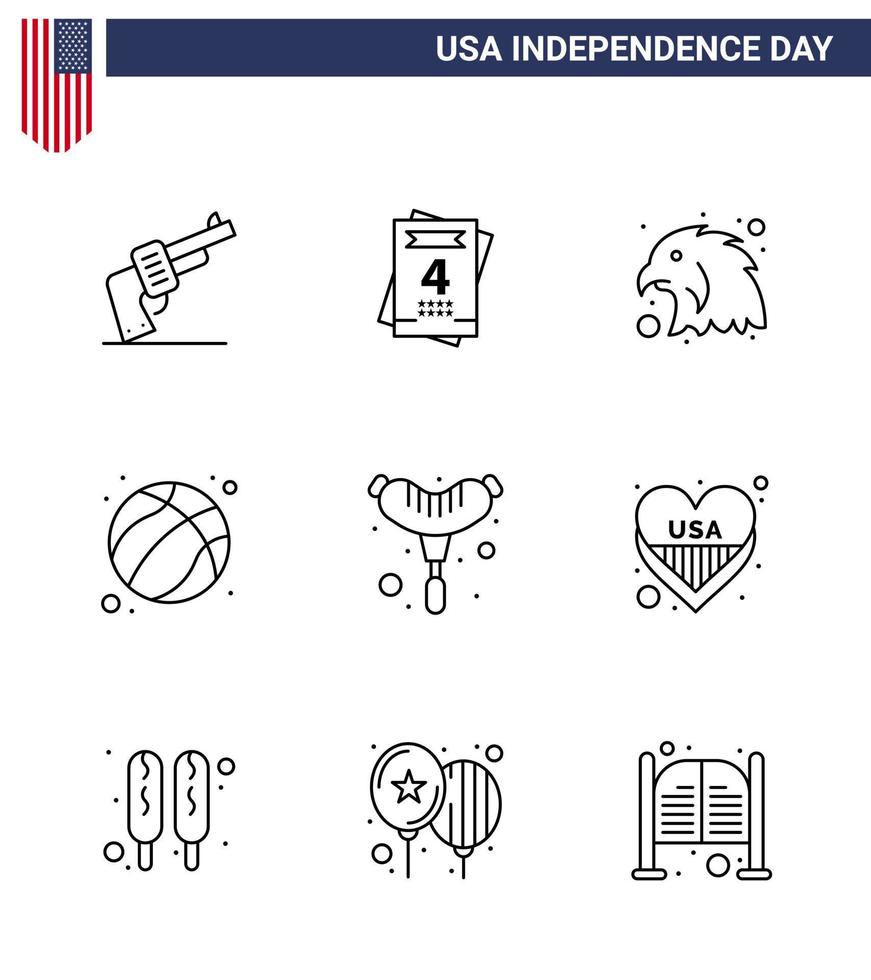 Group of 9 Lines Set for Independence day of United States of America such as american frankfurter bird food football Editable USA Day Vector Design Elements