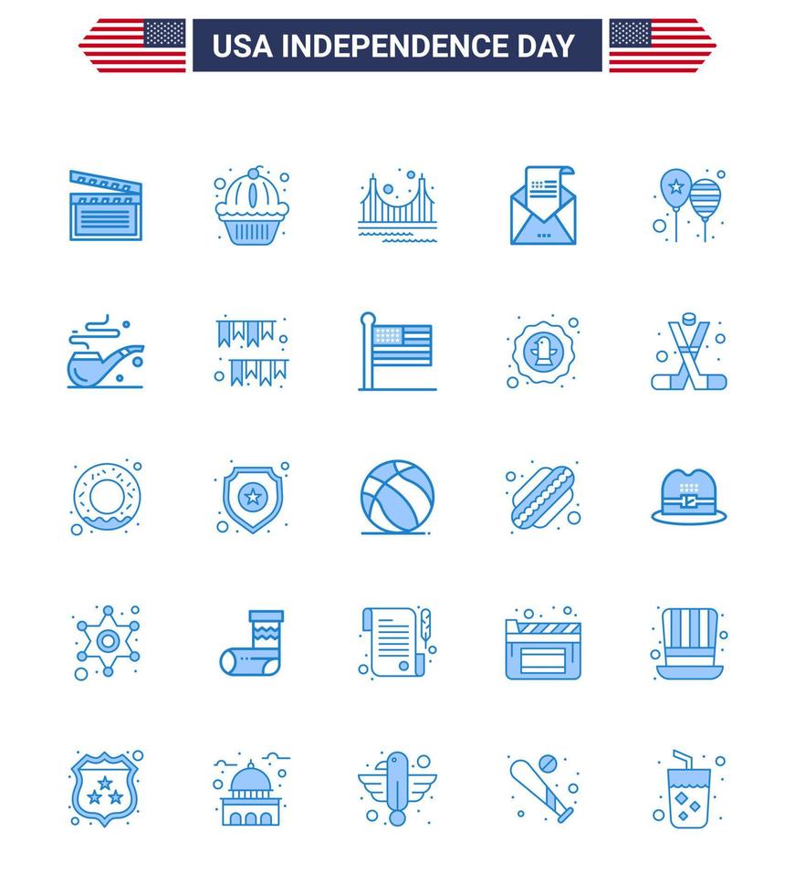 Happy Independence Day USA Pack of 25 Creative Blues of mail greeting bridge envelope tourism Editable USA Day Vector Design Elements