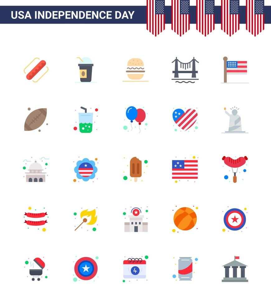 Modern Set of 25 Flats and symbols on USA Independence Day such as states cityscape burger city bridge Editable USA Day Vector Design Elements