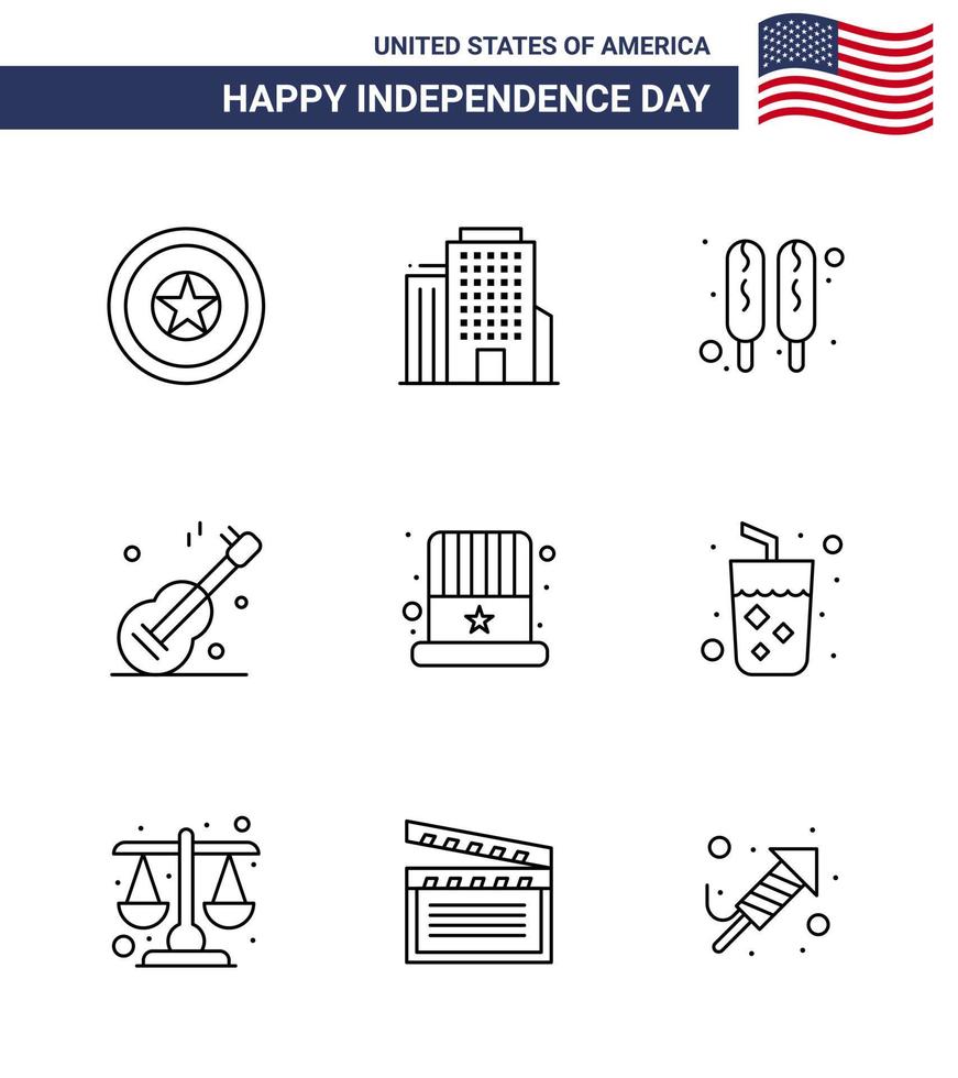 paquete grande de 9 estados unidos feliz día de la independencia líneas vectoriales de estados unidos y símbolos editables de usa cap hot dog american usa elementos de diseño de vectores editables del día de estados unidos