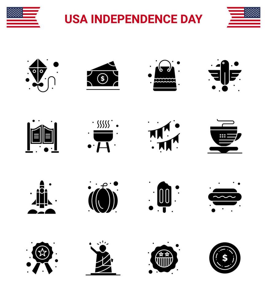 Big Pack of 16 USA Happy Independence Day USA Vector Solid Glyphs and Editable Symbols of household state money eagle animal Editable USA Day Vector Design Elements