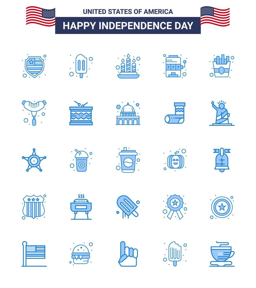 Happy Independence Day 4th July Set of 25 Blues American Pictograph of frankfurter fries light food game Editable USA Day Vector Design Elements