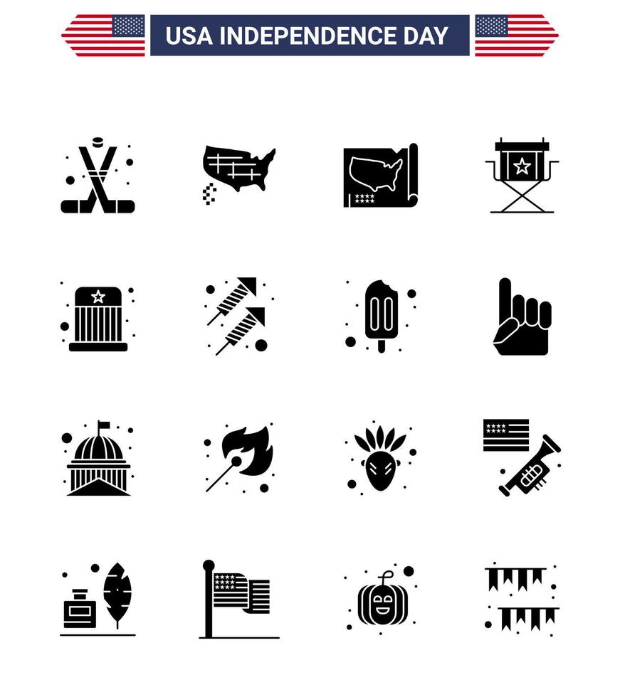 Group of 16 Solid Glyphs Set for Independence day of United States of America such as hat entertainment usa circus star Editable USA Day Vector Design Elements