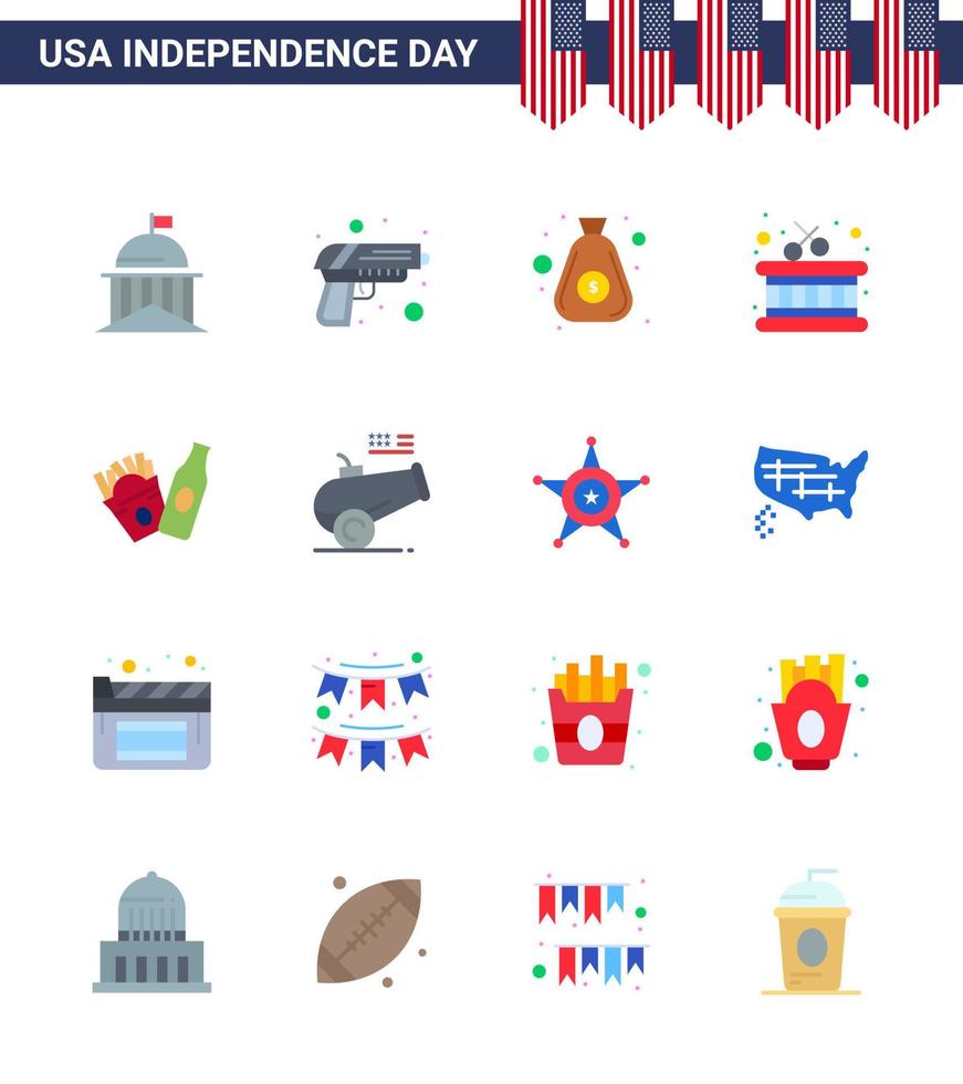 USA Independence Day Flat Set of 16 USA Pictograms of frise sticks weapon instrument cash Editable USA Day Vector Design Elements