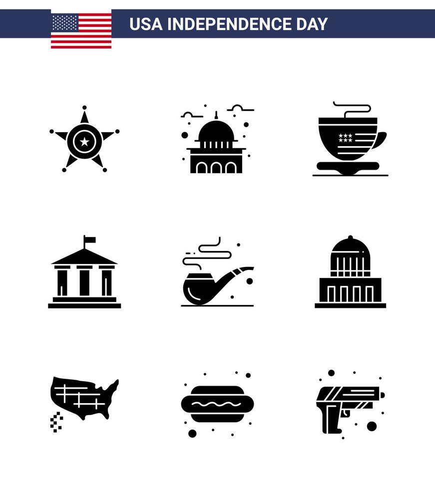 4th July USA Happy Independence Day Icon Symbols Group of 9 Modern Solid Glyphs of smoke usa white american bank Editable USA Day Vector Design Elements