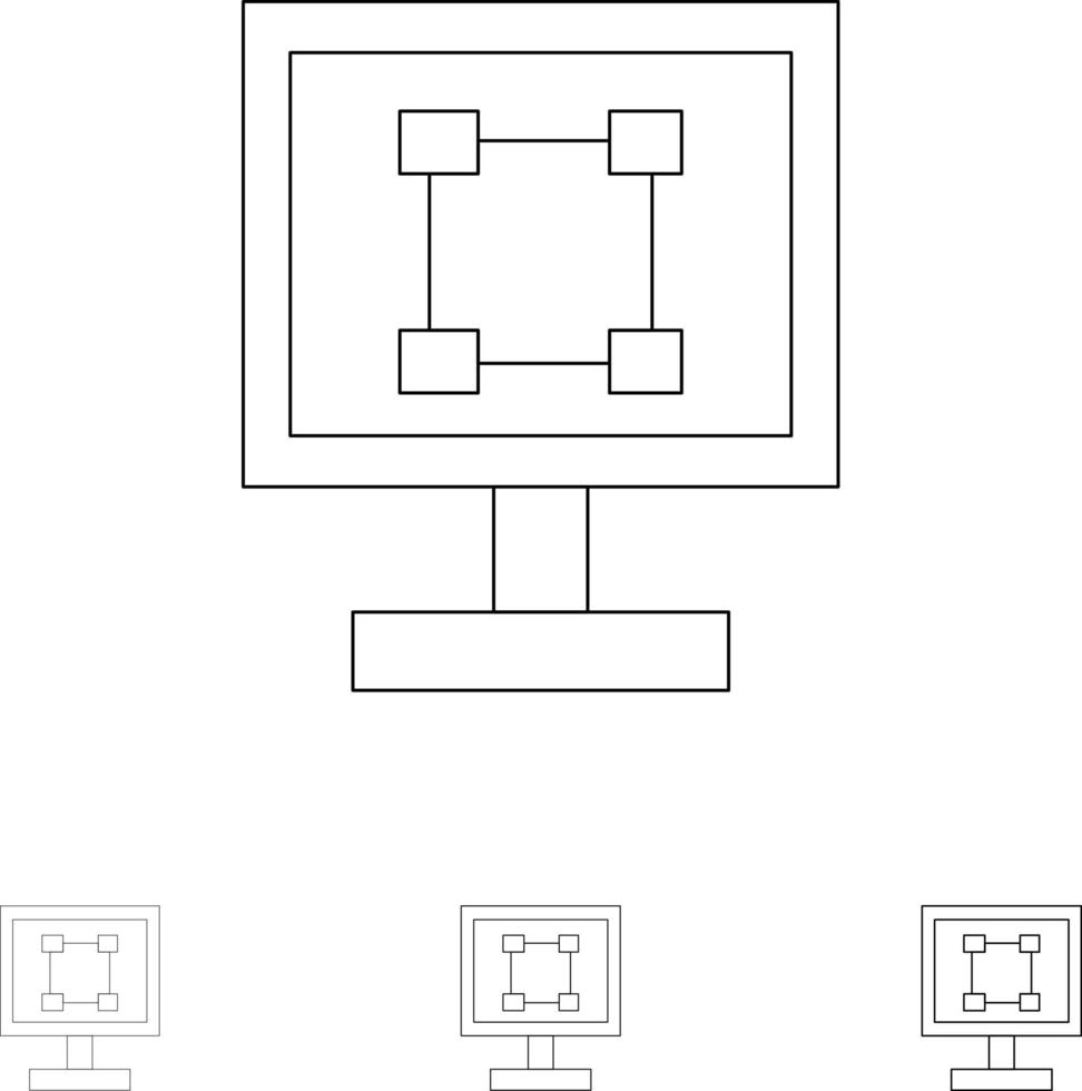 aplicación de programa de diseño de gráficos de cultivos conjunto de iconos de línea negra delgada y audaz vector