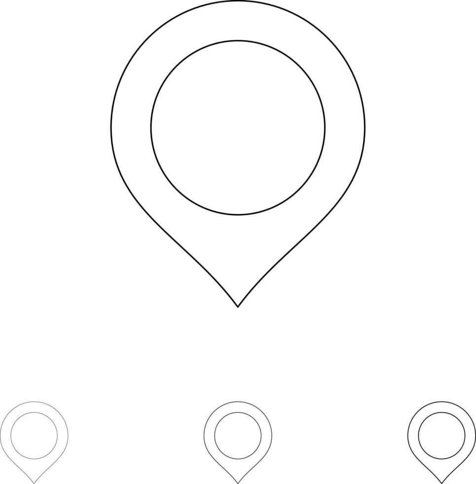 conjunto de iconos de línea negra en negrita y delgada marca de marcador de mapa de ubicación vector