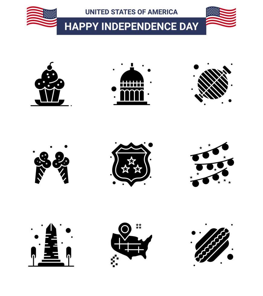 USA Independence Day Solid Glyph Set of 9 USA Pictograms of american ice usa icecream grill Editable USA Day Vector Design Elements