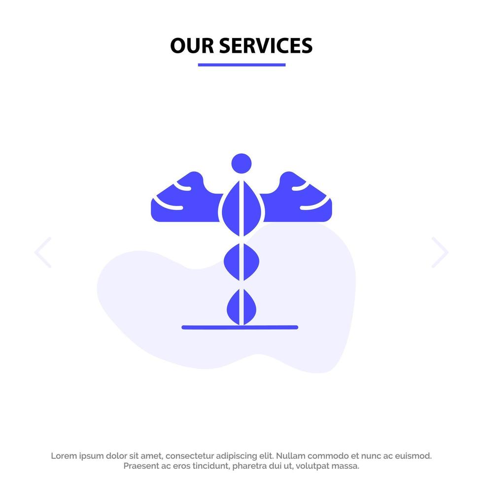 nuestros servicios medicina médica atención médica grecia icono de glifo sólido plantilla de tarjeta web vector