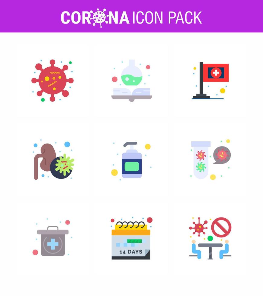 Novel Coronavirus 2019nCoV 9 Flat Color icon pack bacteria hand sanitizer flag lotion lungs viral coronavirus 2019nov disease Vector Design Elements