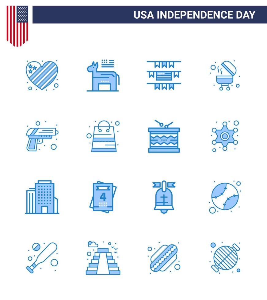 16 iconos creativos de EE. UU. Signos de independencia modernos y símbolos del 4 de julio de empavesados de seguridad de armas pistola barbacoa elementos de diseño de vector de día de EE. UU. editables