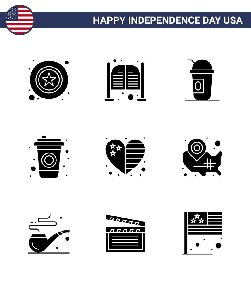 Pack of 9 creative USA Independence Day related Solid Glyphs of country drink entrance cola states Editable USA Day Vector Design Elements
