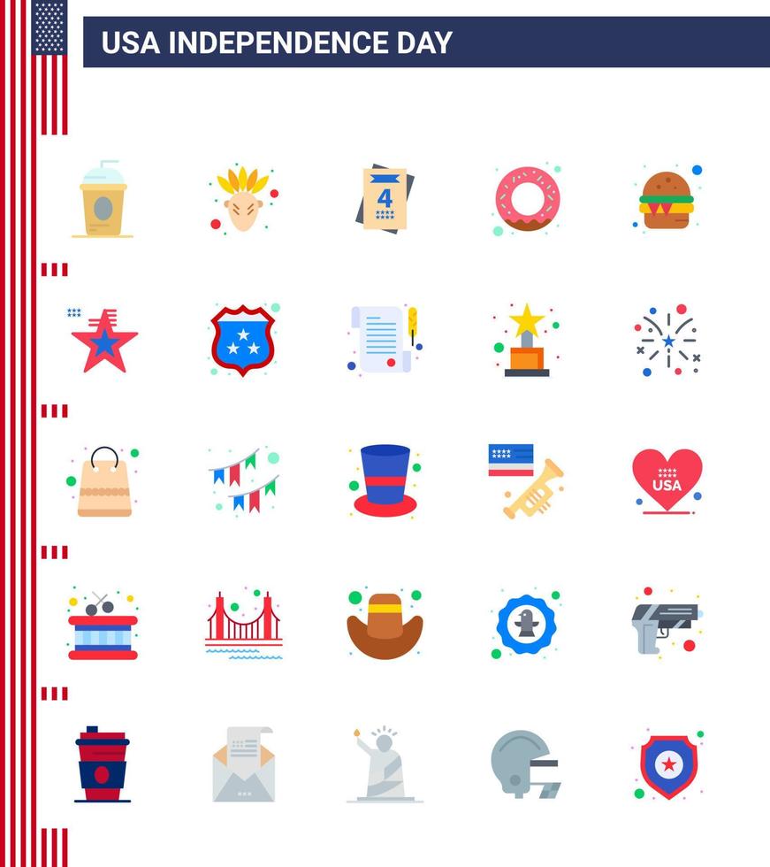 usa feliz día de la independencia pictograma conjunto de 25 pisos simples de comida rápida invitación hamburguesa comida editable usa día elementos de diseño vectorial vector