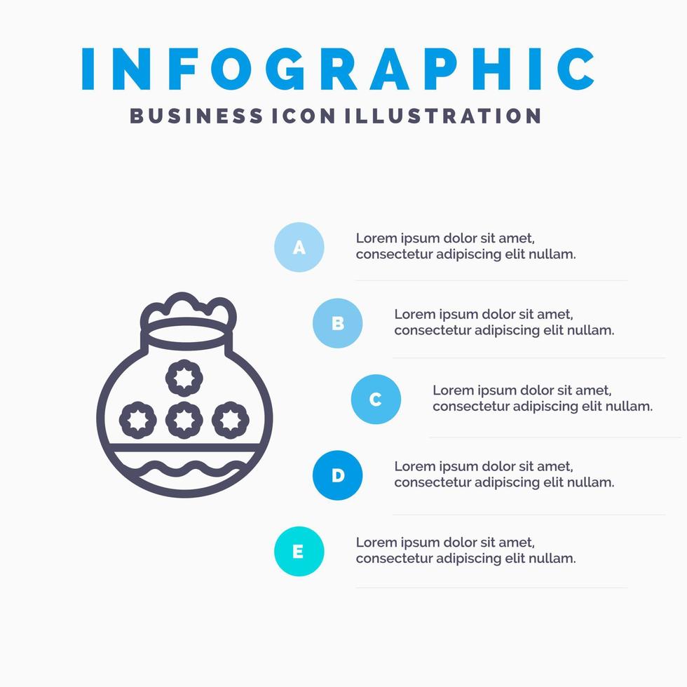 olla arena agua pongal festival línea icono con 5 pasos presentación infografía fondo vector