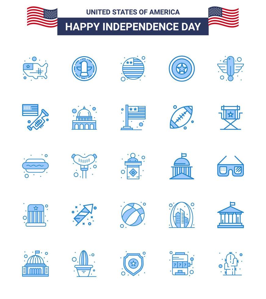 Editable Vector Blue Pack of USA Day 25 Simple Blues of bird american country medal independece Editable USA Day Vector Design Elements