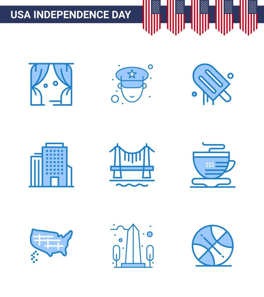 Editable Vector Line Pack of USA Day 9 Simple Blues of cityscape building cream bridge office Editable USA Day Vector Design Elements