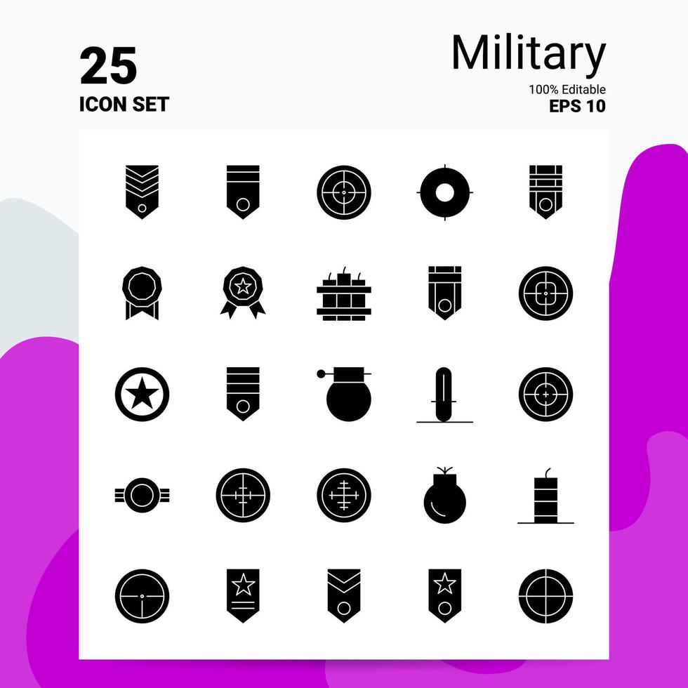 25 conjunto de iconos militares 100 archivos editables eps 10 ideas de concepto de logotipo de empresa diseño de icono de glifo sólido vector