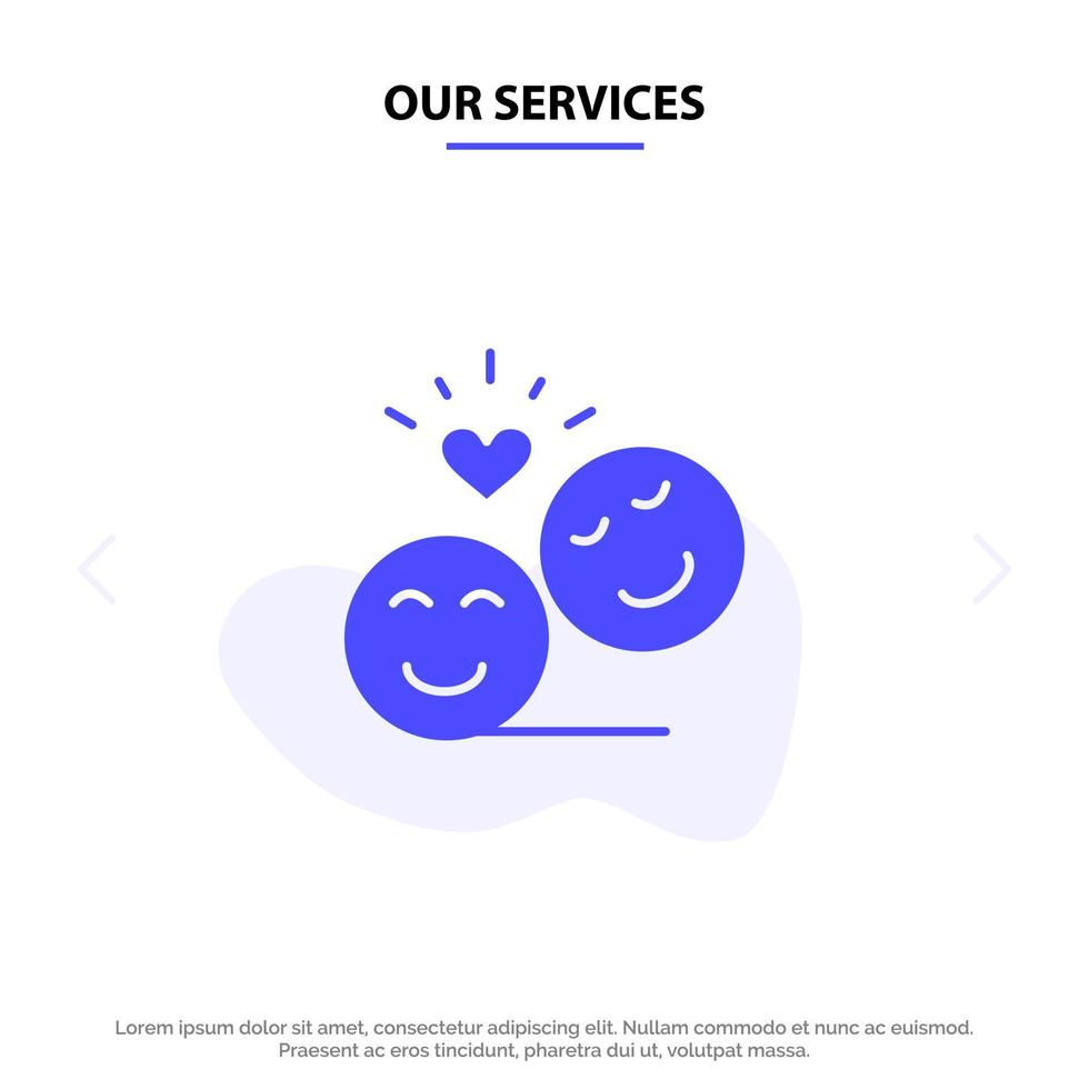 nuestros servicios pareja avatar caras sonrientes emojis san valentín icono de glifo sólido plantilla de tarjeta web vector