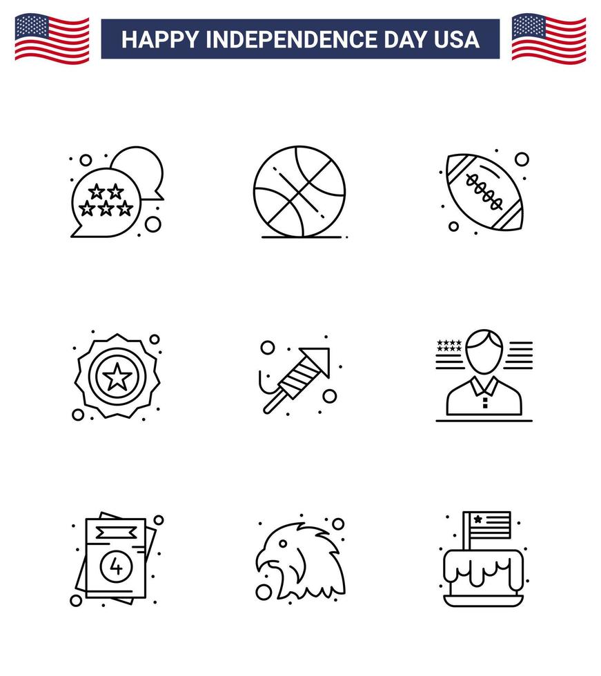 Happy Independence Day 9 Lines Icon Pack for Web and Print religion flag ball badge american Editable USA Day Vector Design Elements