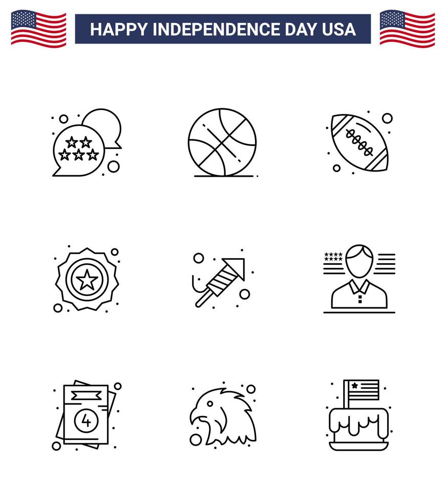 feliz día de la independencia paquete de iconos de 9 líneas para web e impresión religión bandera bola insignia americano editable día de estados unidos elementos de diseño vectorial vector