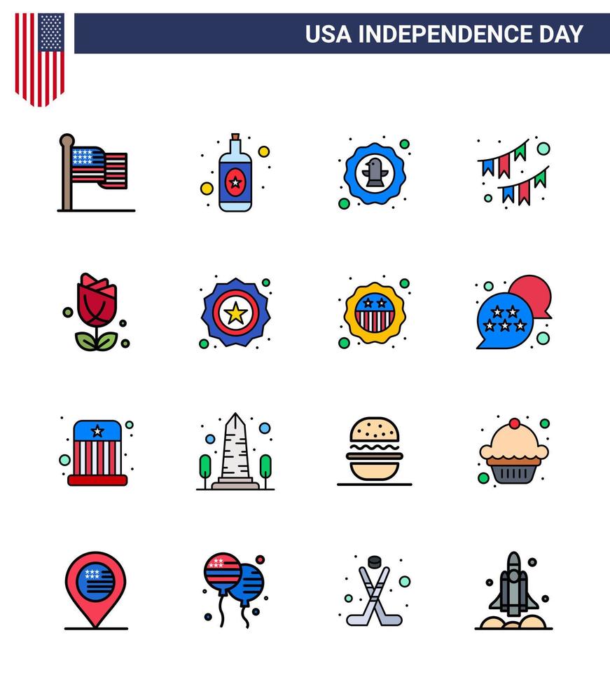 Set of 16 Modern Flat Filled Lines pack on USA Independence Day flower party bird decoration american Editable USA Day Vector Design Elements