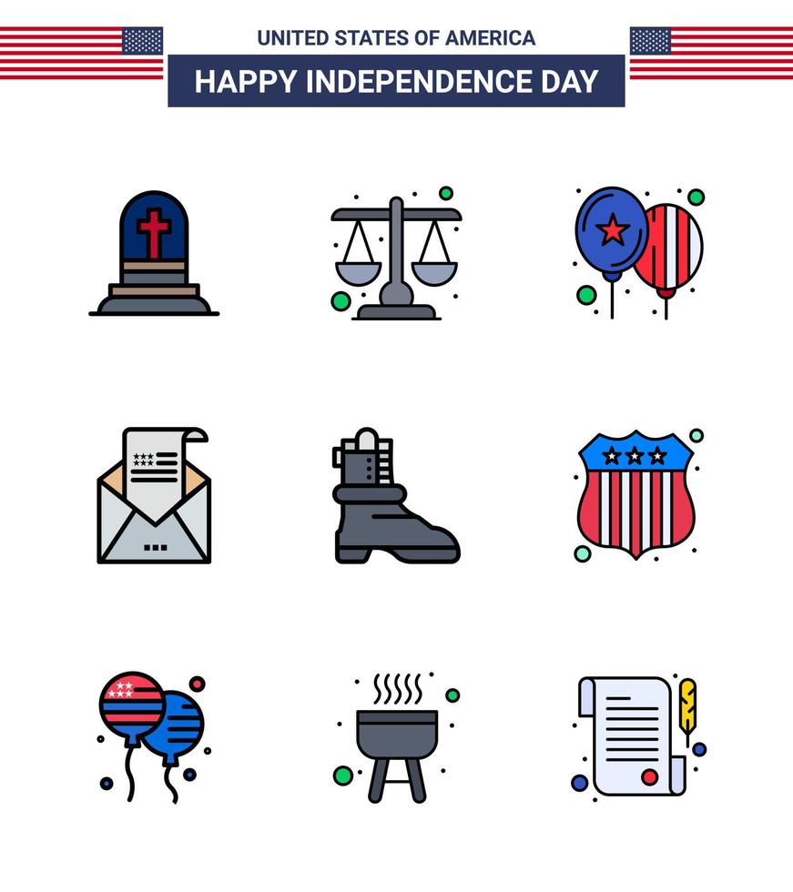 grupo de 9 líneas rellenas planas establecidas para el día de la independencia de los estados unidos de américa, como globos de invitación de shose, saludo por correo electrónico, elementos de diseño vectorial del día de estados unidos editables vector