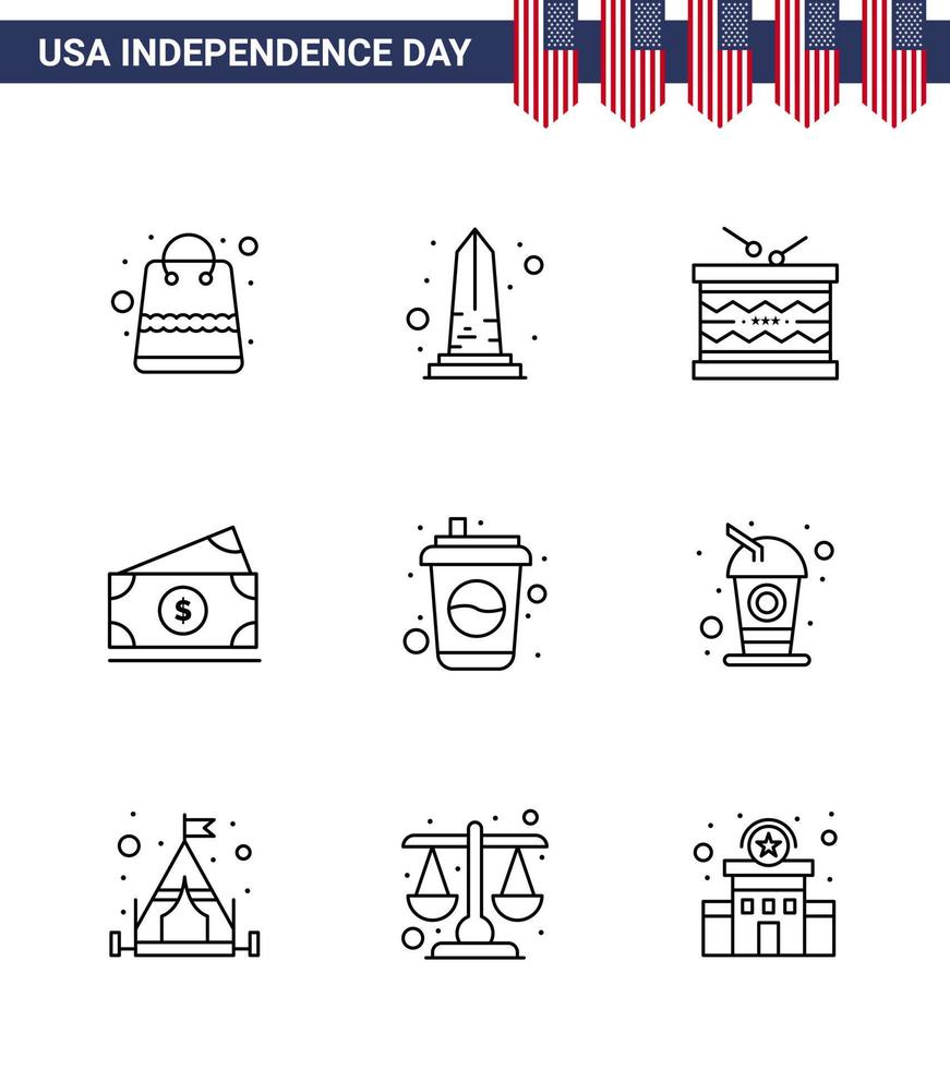 paquete de 9 líneas de celebración del día de la independencia de EE. UU. Signos y símbolos del 4 de julio, como el desfile del dólar de washington del dinero de EE. UU. Elementos de diseño vectorial editables del día de EE. UU. vector