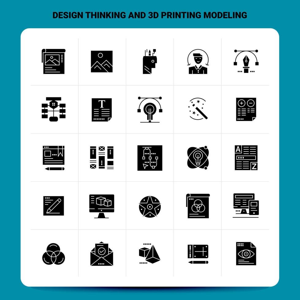 Solid 25 Design Thinking And 3d Printing Modeling Icon set Vector Glyph Style Design Black Icons Set Web and Mobile Business ideas design Vector Illustration
