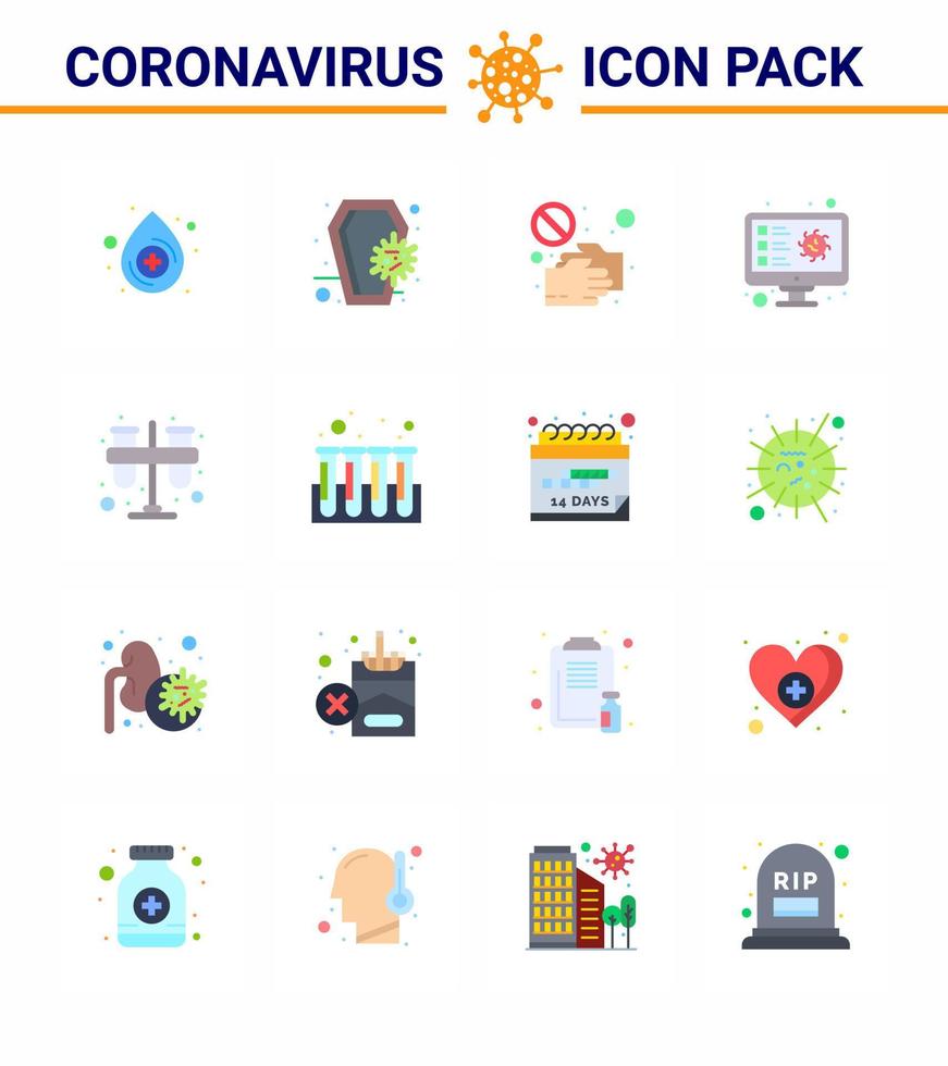 Corona virus 2019 and 2020 epidemic 16 Flat Color icon pack such as virus screening covid computer shake hand viral coronavirus 2019nov disease Vector Design Elements