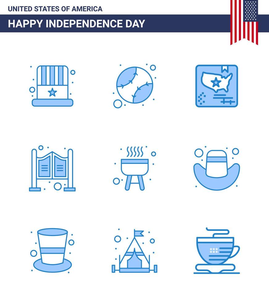 9 Blue Signs for USA Independence Day bbq western american saloon door Editable USA Day Vector Design Elements