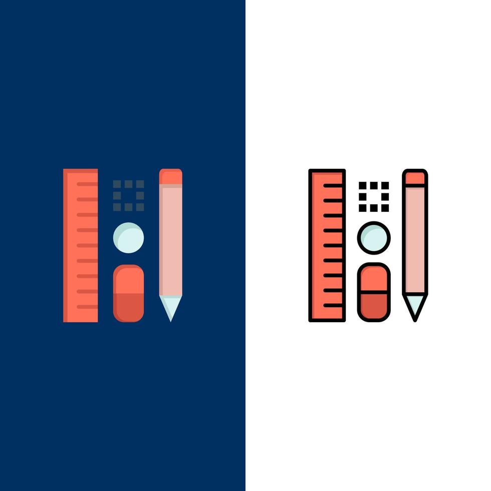 pluma lápiz escala educación iconos plano y línea llena conjunto de iconos vector fondo azul