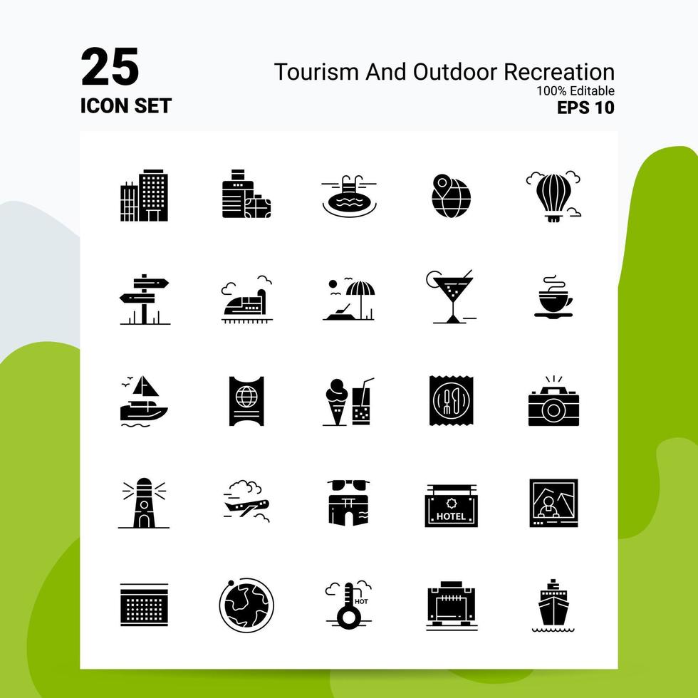 25 Tourism And Outdoor Recreation Icon Set 100 Editable EPS 10 Files Business Logo Concept Ideas Solid Glyph icon design vector