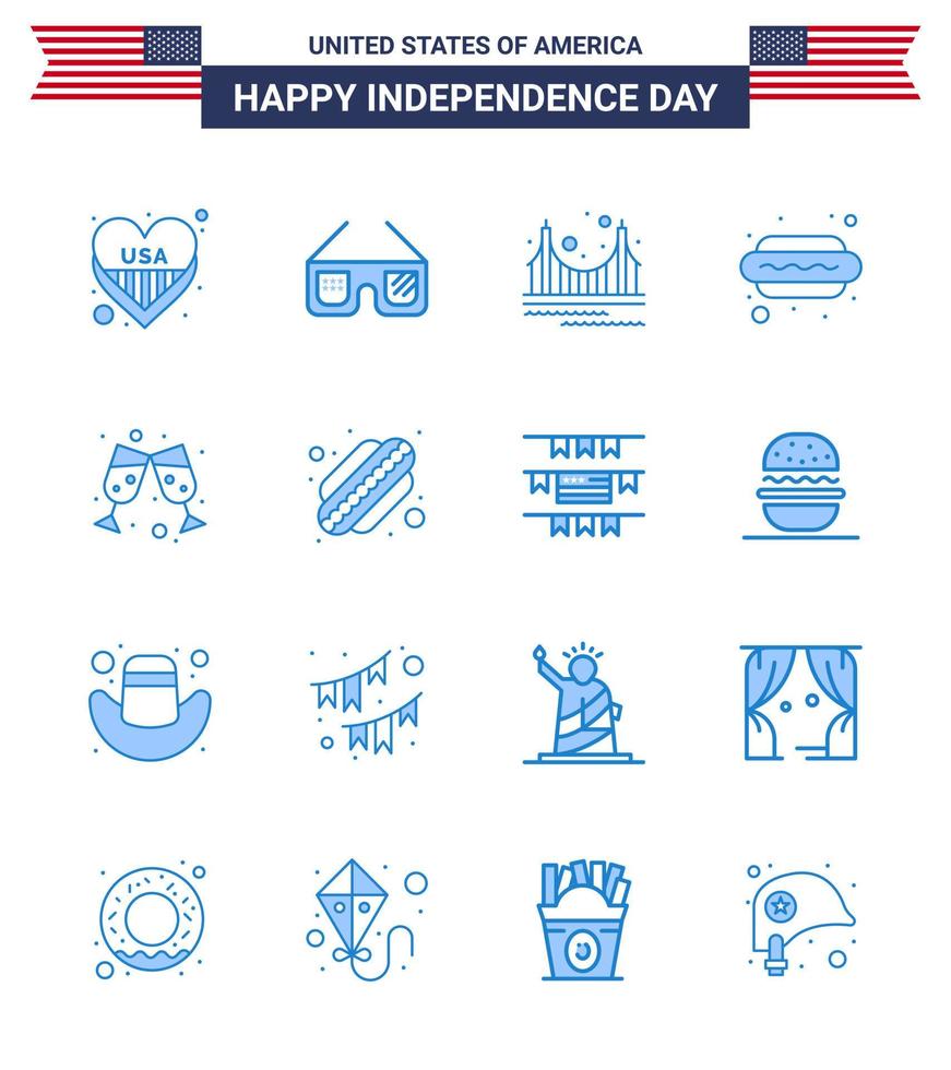 paquete de 16 creativos estados unidos día de la independencia relacionados con blues of beer comida puente perro turismo editable día de estados unidos elementos de diseño vectorial vector