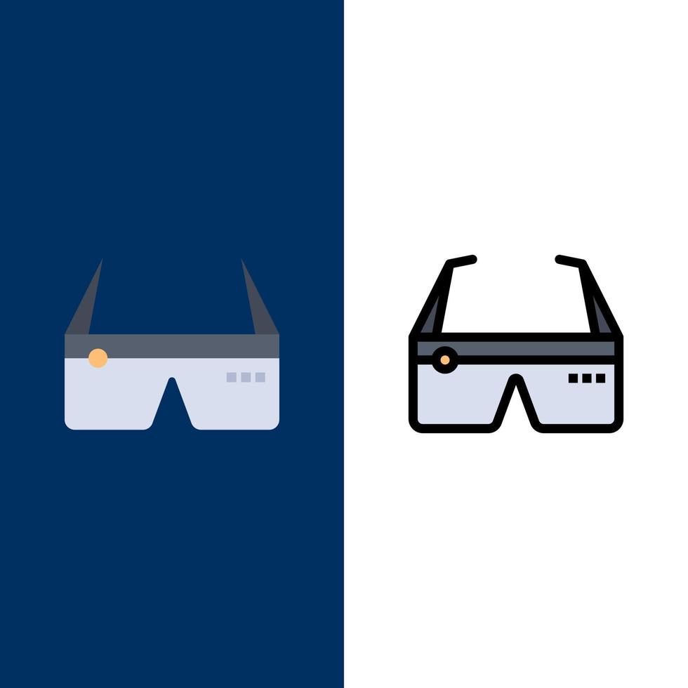 computadora informática gafas digitales google iconos planos y llenos de línea conjunto de iconos vector fondo azul