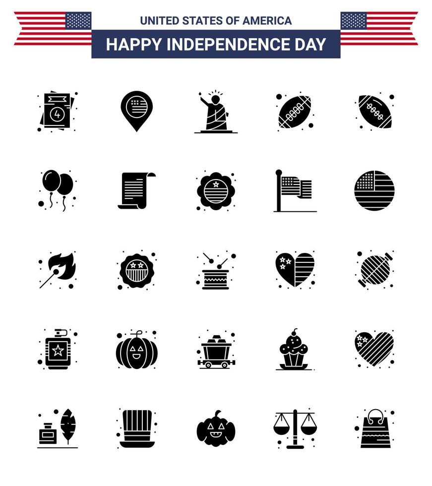 Set of 25 Vector Solid Glyph on 4th July USA Independence Day such as balloons sports landmarks rugby usa Editable USA Day Vector Design Elements