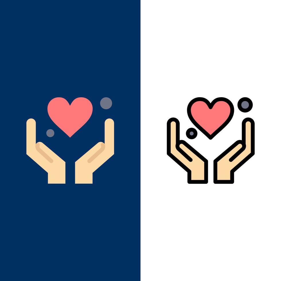 mano corazón amor motivación iconos plano y línea llena icono conjunto vector fondo azul