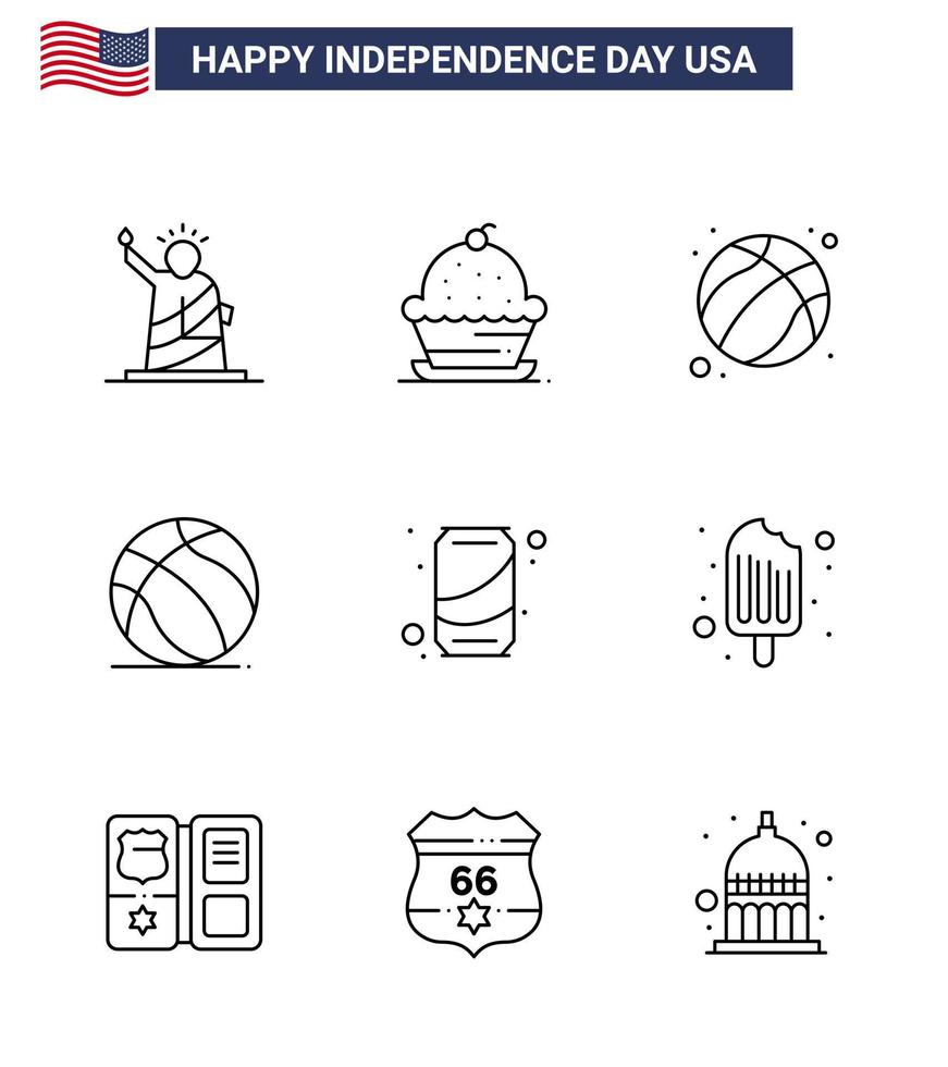 Group of 9 Lines Set for Independence day of United States of America such as usa ball sweet football football Editable USA Day Vector Design Elements
